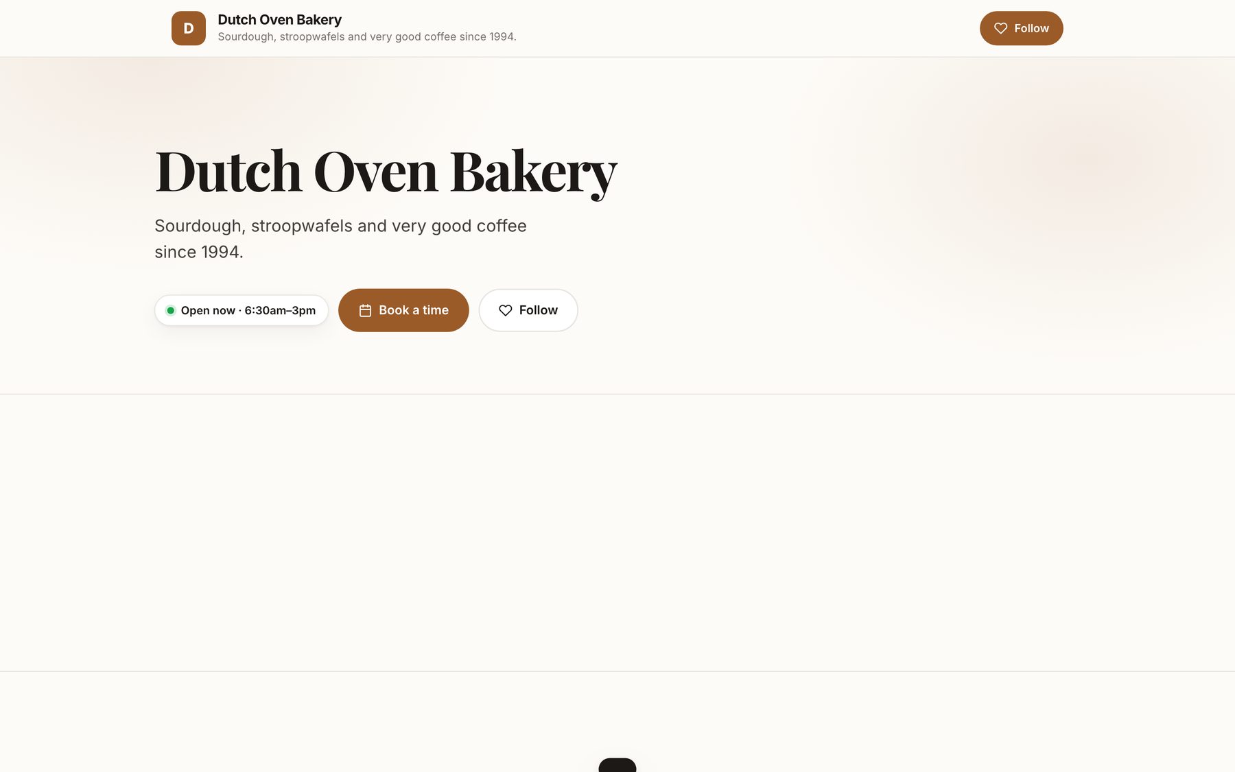 A bakery storefront built on Global Storefront: hours, today's menu and an order button.